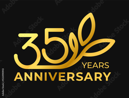 Golden 35th Anniversary Celebration Logo with decorative leaf ornament. Premium vector illustration