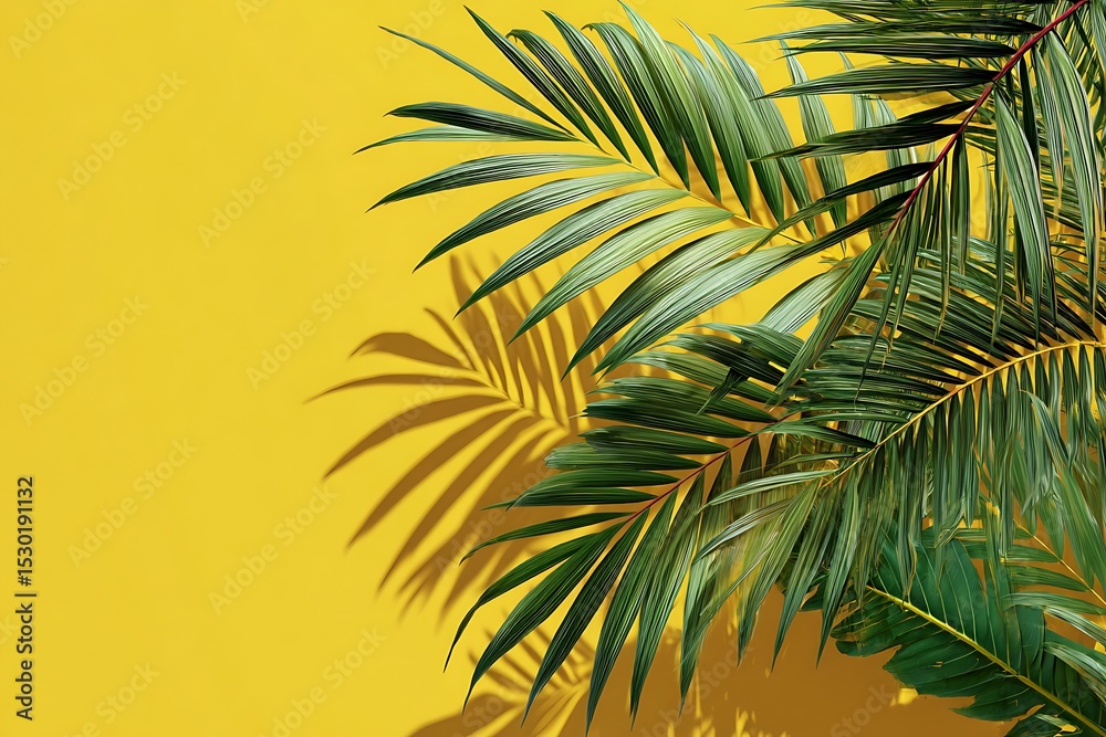 Fototapeta premium Lush Green Palm Leaves Casting Shadows on Bright Yellow Wall Backdrop