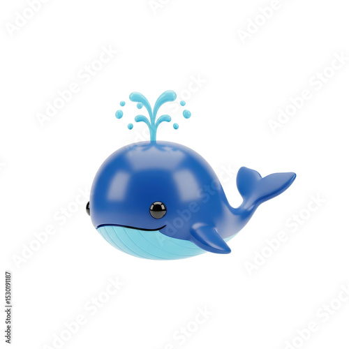 Cute Blue Whale Toy with Water Splash on White Background for Children's Decor and Education