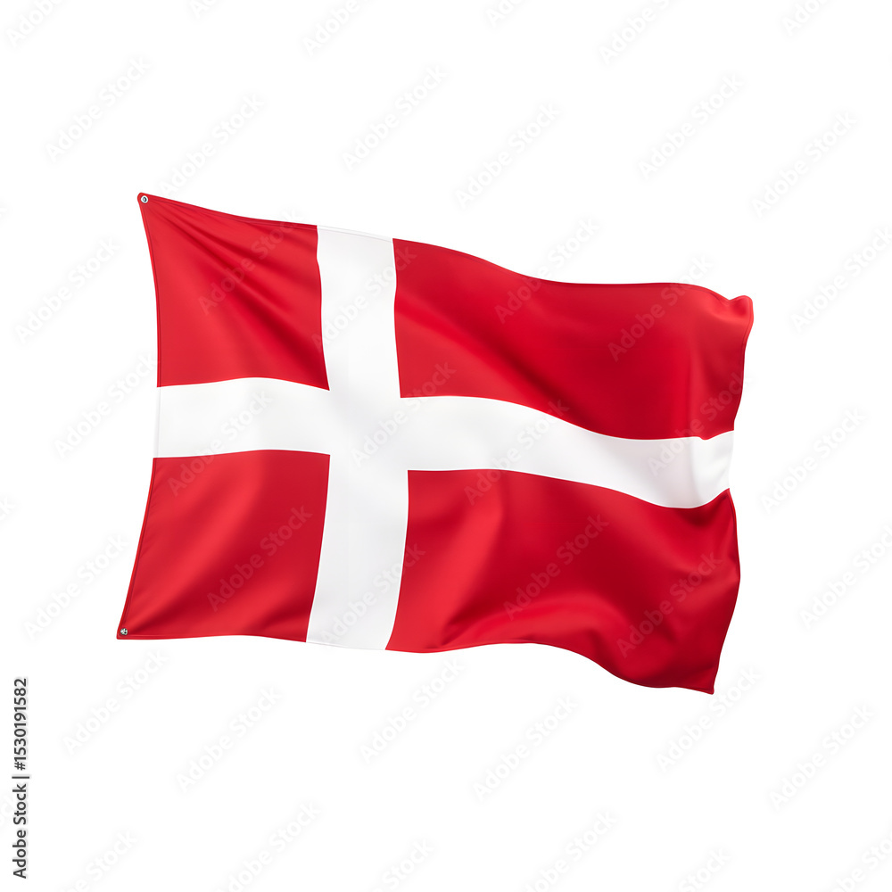 Fototapeta premium Denmark flag red field, white cross, floating fabric, no flagpole, isolated white background, Scandinavian photography