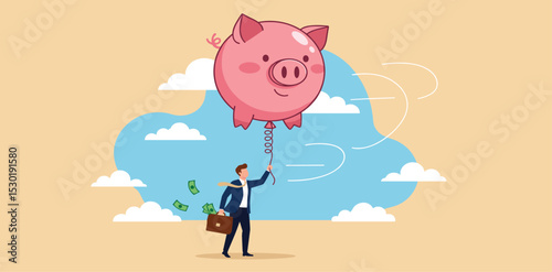 Financial freedom or financial independence concept, wealthy rich businessman floating high in the sky with piggy bank balloon.