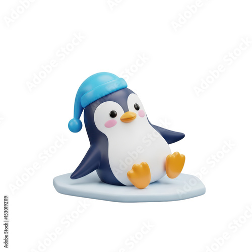 Cute Cartoon Penguin Wearing Blue Sleep Hat Sitting on Ice Flake in Playful Style