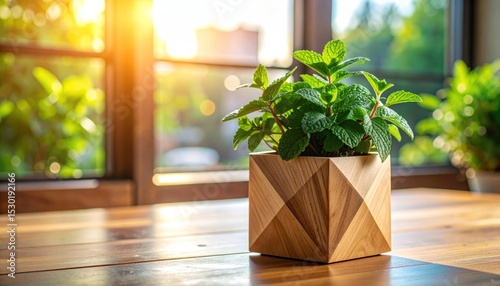 Fresh mint plant in modern geometric pot illuminates bright windowsill morning