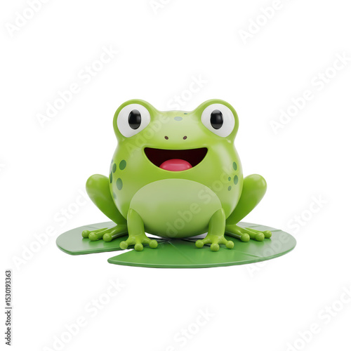 Cute Green Frog Toy Sitting on Leaf with Happy Expression for Children's Playroom or Educational Material