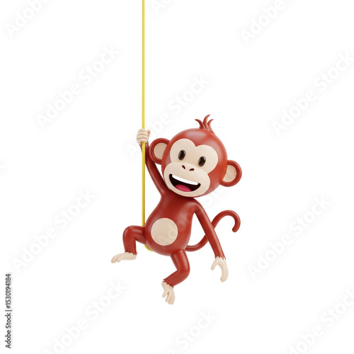 Cute Red Monkey Toy Hanging from Yellow Rope in White Background
