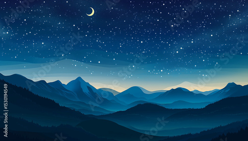A crescent moon over a mountainous desert landscape with a starry night sky. The night sky with stars and a crescent moon over the mountains, a blue color background