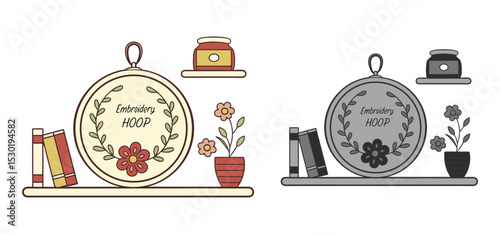 Charming illustration of two embroidery hoops with flowers books and decorative elements in different color schemes