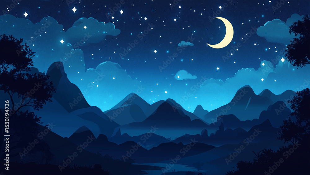 Fototapeta premium A crescent moon over a mountainous desert landscape with a starry night sky. The night sky with stars and a crescent moon over the mountains, a blue color background