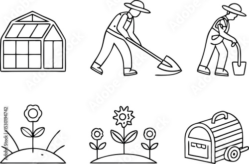 Gardening, Agriculture line icon set. Vector pictograms of grow your own food, watering can, greenhouse, seedling, sprout, farmer, pollination, fertilizer thin linear illustration.