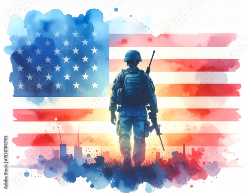 Courage and Honor: A patriotic watercolor illustration of a lone soldier with the American flag. A symbol of bravery, service, and national pride.