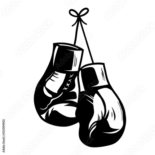 A black vector illustration of a pair of boxing gloves hanging from a string. 