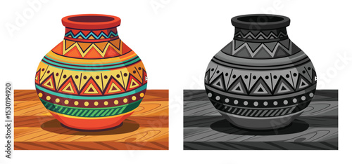 Colorful hand drawn illustration of decorative traditional pottery design showcasing ethnic motifs on a wooden surface