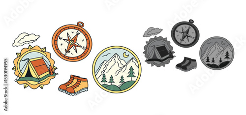 Colorful illustration of camping hiking elements including compass tent boots mountains and a crescent moon on white background.