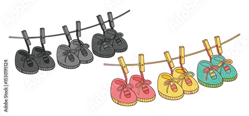 Colorful pairs of baby shoes hanging on a clothesline with clothespins on a clean white background artwork