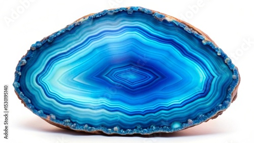 Striking Blue Agate Gemstone Slice, Showcasing Intricate Concentric Bands and Vibrant Hues