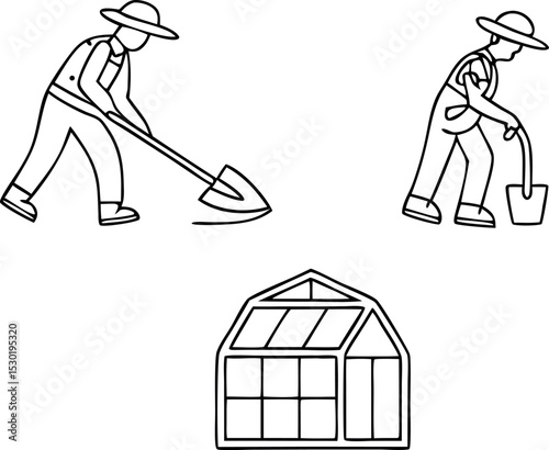 Gardening, Agriculture line icon set. Vector pictograms of grow your own food, watering can, greenhouse, seedling, sprout, farmer, pollination, fertilizer thin linear illustration.