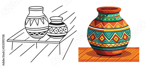Decorative african pottery illustration featuring colorful earthenware vase design with black and white outline versions for versatile use.