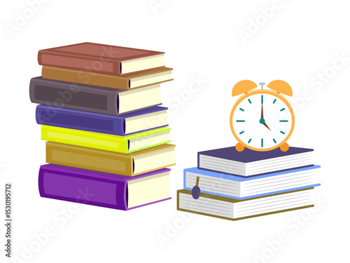 Big set with red, yellow, green, blue opened and closed textbooks, business diaries, workbooks in different positions. Cartoon reading set of hadrdrawn books.