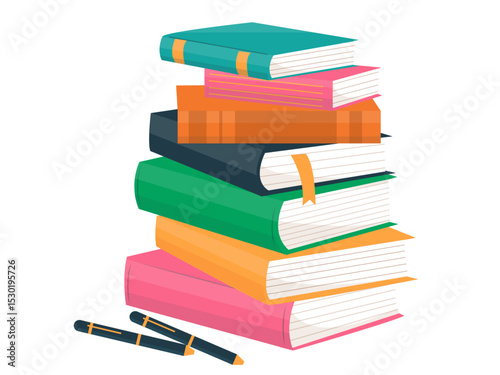 Big set with red, yellow, green, blue opened and closed textbooks, business diaries, workbooks in different positions. Cartoon reading set of hadrdrawn books.