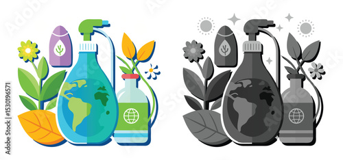 Eco-friendly cleaning products and sustainable earth concept illustrated with plants and spray bottles