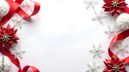 Festive Red Ribbon Christmas Frame Background with Ornaments, Snowflakes, and Evergreen Decorations for Holiday Cards, Invitations, and Seasonal Promotions.
