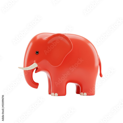 Red Plastic Elephant Toy with White Tusks and Black Eyes on White Background