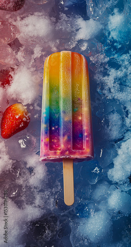 Colorful rainbow popsicles against a backdrop of icy snow and snowfall, vibrant food photography showcasing frozen treats, summer sweets, and refreshing foods.