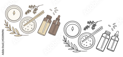 Elegant illustration of spa elements featuring candles aroma oils floral accents and natural ingredients on a clean white background