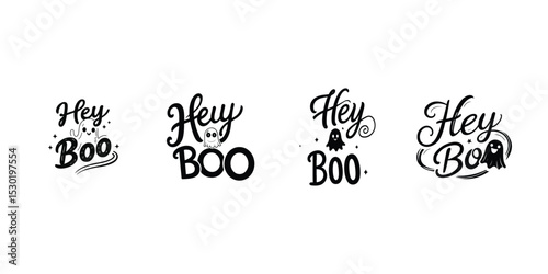 Set of Playful Hey Boo Halloween Text Designs with Cute Ghosts and Bats  Spooky Holiday Typography