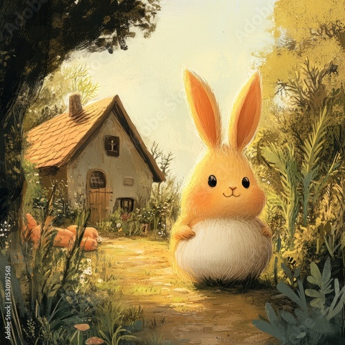 A cheerful, plump rabbit in a sunlit garden path, near a small, cozy cottage