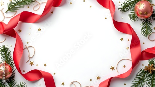 Festive Red Ribbon Christmas Frame Background with Ornaments, Snowflakes, and Evergreen Decorations for Holiday Cards, Invitations, and Seasonal Promotions.
