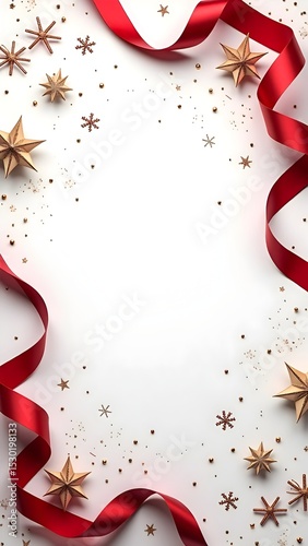 Festive Red Ribbon Christmas Frame Background with Ornaments, Snowflakes, and Evergreen Decorations for Holiday Cards, Invitations, and Seasonal Promotions.
