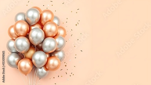 Elegant Bunch of Rose Gold and Silver Metallic Balloons with Confetti on a Soft Peach Background – Ideal for Celebrations, Anniversaries, and Festive Events