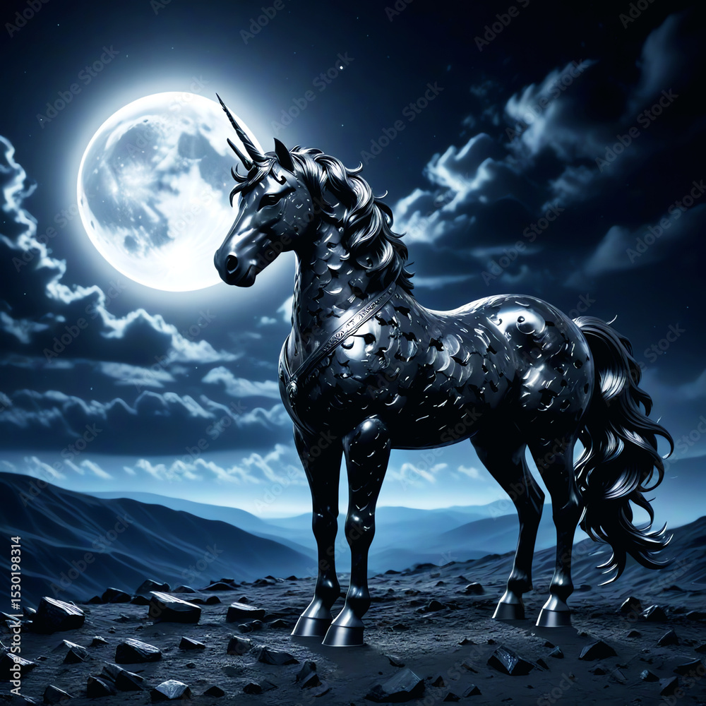 Fototapeta premium Majestic Metallic Unicorn Under Moonlit Sky