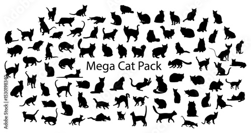Mega Cat silhouettes Pack: A diverse collection of black cat silhouettes in various poses, arranged artistically. Capture the grace, mystery, and diversity of felines in a playful and elegant manner.