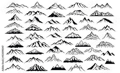 Mountain Peaks silhouettes Collection Pack: An artistic array of mountain silhouettes, evoking a sense of adventure and wonder. Showcasing the raw power and majesty of nature's monumental peaks.