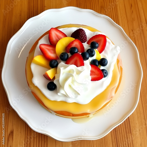 Venezuelan tres leches cake topped with whipped cream and sliced fruits on a platter