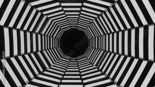 Spinning geometric wormhole pattern in optical illusion animation with black white contrast