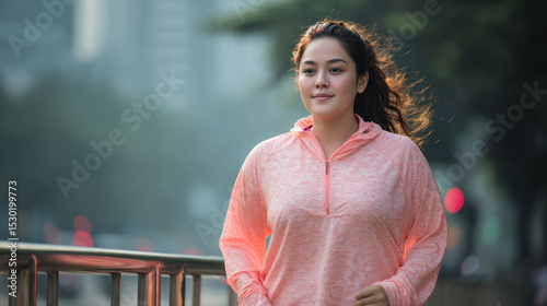 An overweight Malay woman doing workout running a diet program