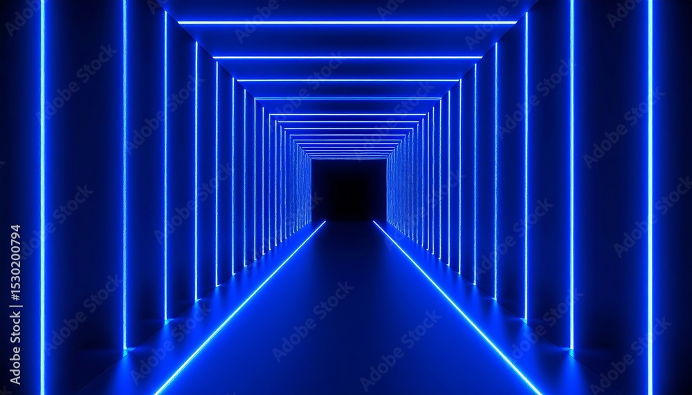 Obraz premium Blue neon tunnel with futuristic perspective.