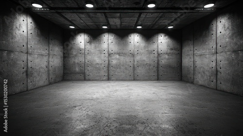 Dark, empty room with concrete walls and floor, illuminated by recessed spotlights.  The scene is moody and industrial