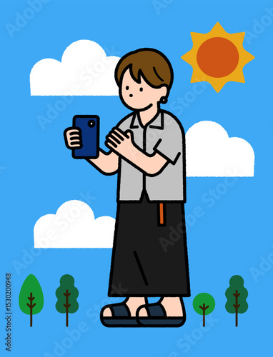 イラスト素材：スマホを見ている少女と良い天気の散歩シーン