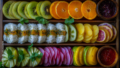 Multi-colored fruit slices are beautifully layered on a rustic wooden tray, with oranges and limes mixed with a spicy black pepper sauce for a tropical presentation.
