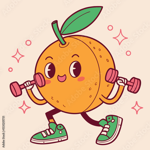 Energized Orange: A cheerful cartoon orange, brimming with zest for fitness, enthusiastically lifts dumbbells, embodying the joy of health and wellness