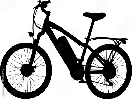 A silhouette of an electric bicycle, clean black lines, simple battery pack outlined, side view, centered and facing right on a white background.

