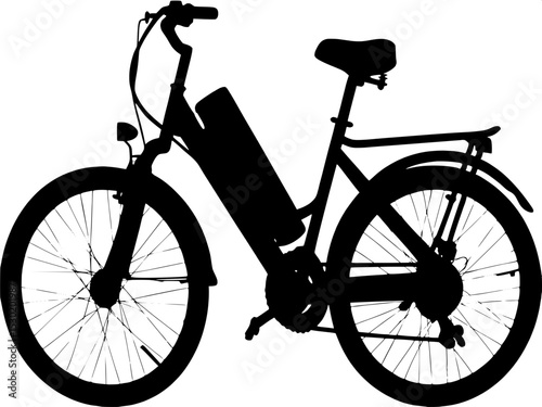 A silhouette of an electric bicycle, clean black lines, simple battery pack outlined, side view, centered and facing right on a white background.

