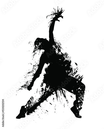 Ink Silhouette of Dynamic Dance: A captivating ink silhouette portrays a dancer in full expression, arms flung wide in a passionate gesture of rhythmic movement and emotion.