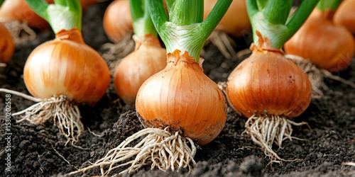 onions growing in spaced rows across dry soil, dusty textures and sparse vegetation, distant barn barely visible along the horizon, flat lighting, close-range photo with detailed root and stem