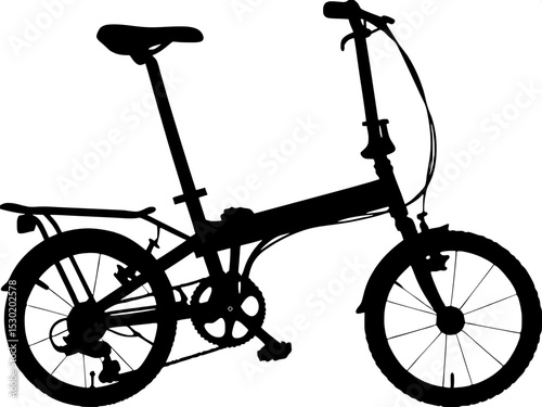 A minimalist black silhouette of a folding bicycle, profile view, facing right, with small wheels and compact frame design, centered on plain white.

