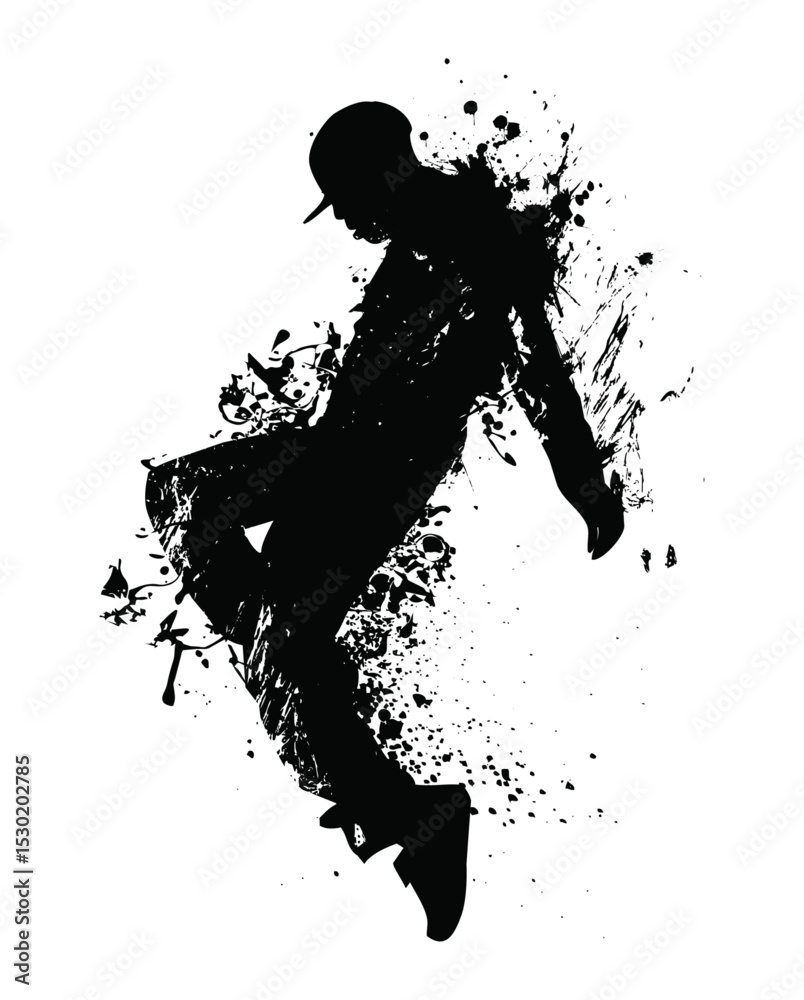 Obraz premium Dynamic Dance Silhouette: A black silhouette of a dancer strikes a pose against an artistic splatter background, embodies energy and rhythm, a perfect visual to convey freedom of movement and passion.